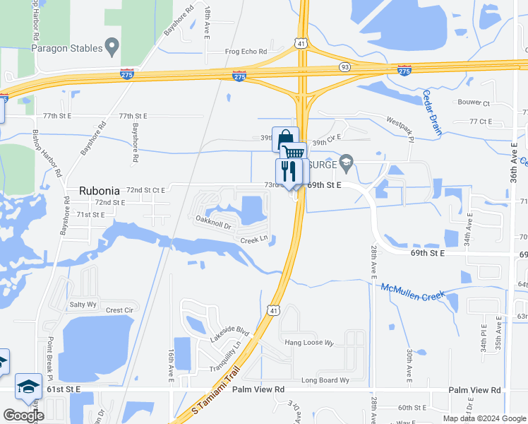 map of restaurants, bars, coffee shops, grocery stores, and more near 2215 73rd Street East in Palmetto