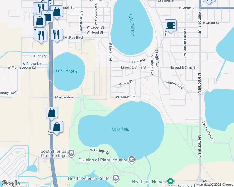 map of restaurants, bars, coffee shops, grocery stores, and more near 445 West Gobourne Street in Avon Park