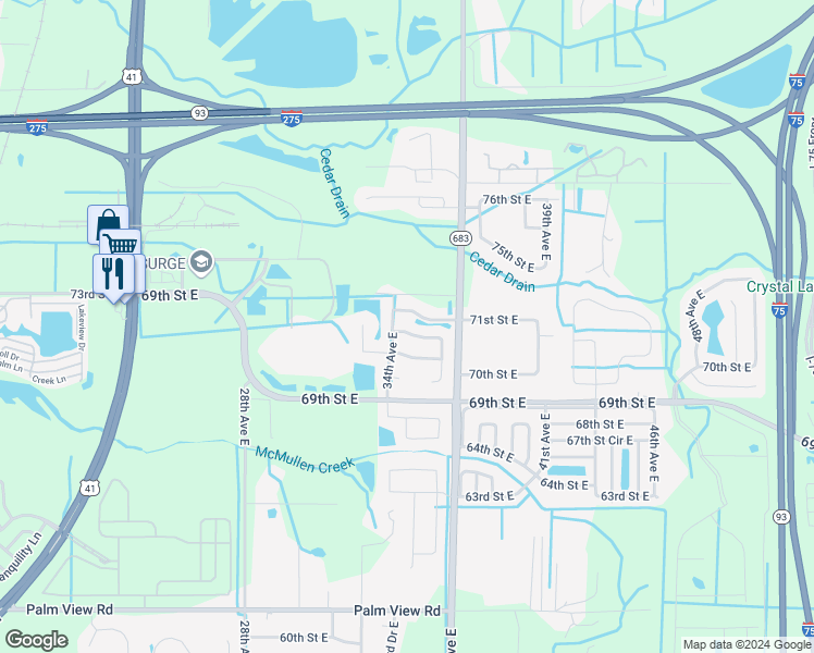 map of restaurants, bars, coffee shops, grocery stores, and more near 3408 70th Glen East in Palmetto