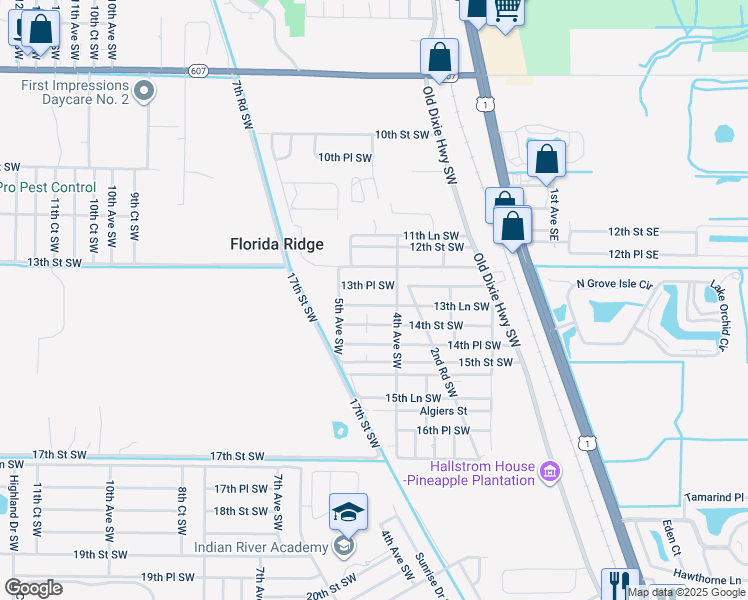 map of restaurants, bars, coffee shops, grocery stores, and more near 432 Georgia Street in Vero Beach