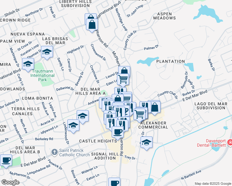 map of restaurants, bars, coffee shops, grocery stores, and more near 8006 Mcpherson Road in Laredo
