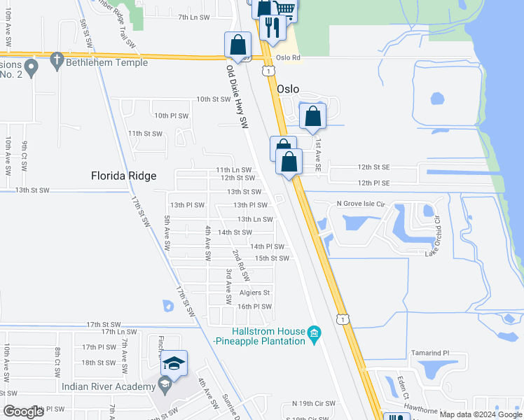 map of restaurants, bars, coffee shops, grocery stores, and more near 219 13th Place Southwest in Vero Beach