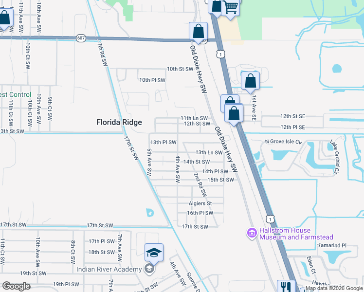 map of restaurants, bars, coffee shops, grocery stores, and more near 334 13th Place Southwest in Vero Beach