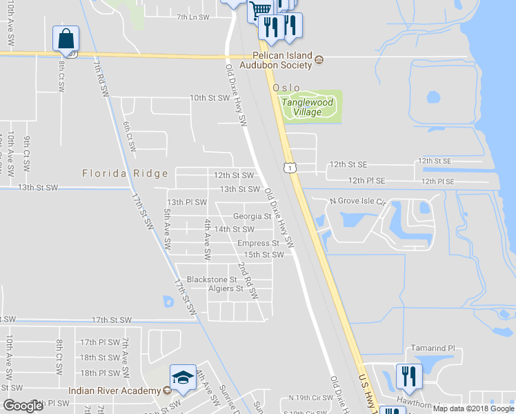 map of restaurants, bars, coffee shops, grocery stores, and more near 223 13th Place Southwest in Vero Beach