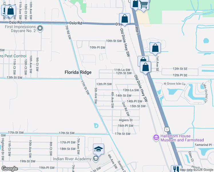 map of restaurants, bars, coffee shops, grocery stores, and more near 416 13th Place Southwest in Vero Beach
