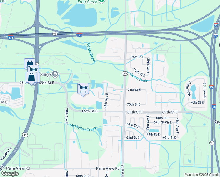 map of restaurants, bars, coffee shops, grocery stores, and more near 3411 71st Street East in Palmetto