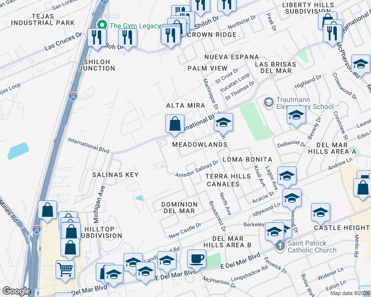 map of restaurants, bars, coffee shops, grocery stores, and more near 613 Marsh Lane in Laredo
