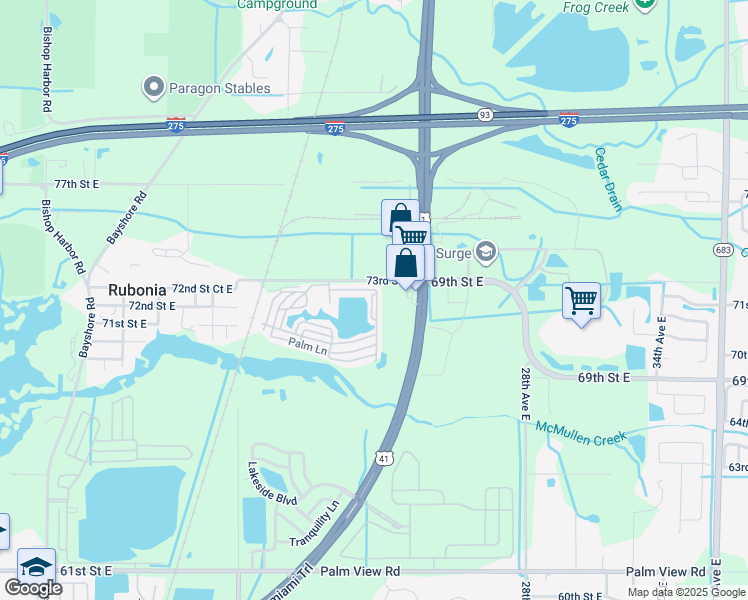 map of restaurants, bars, coffee shops, grocery stores, and more near 2215 73rd Street East in Palmetto