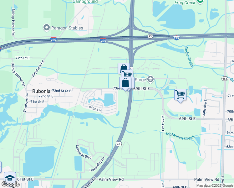 map of restaurants, bars, coffee shops, grocery stores, and more near 19 Lakeview Drive in Palmetto