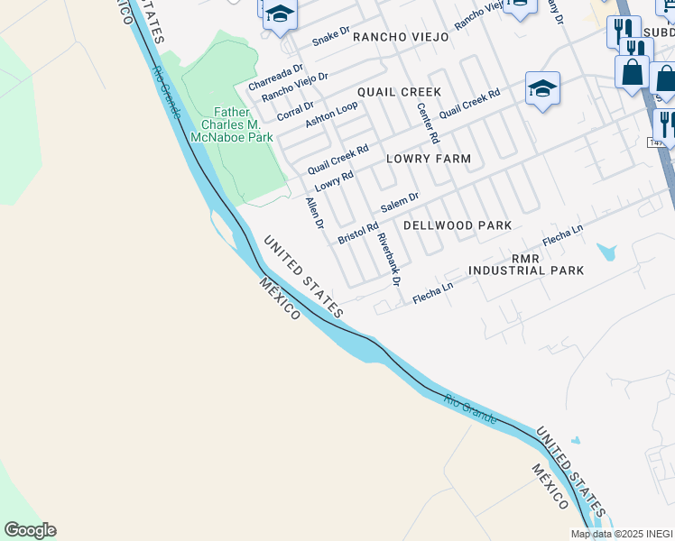map of restaurants, bars, coffee shops, grocery stores, and more near 210b Allen Drive in Laredo