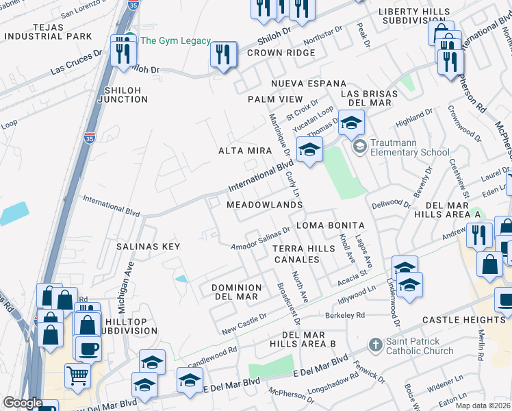 map of restaurants, bars, coffee shops, grocery stores, and more near 613 Marsh Ln in Laredo