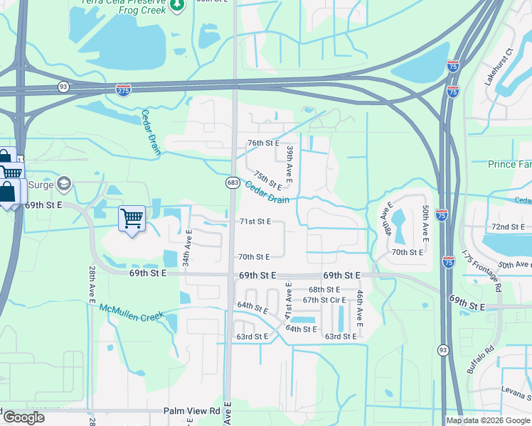 map of restaurants, bars, coffee shops, grocery stores, and more near 3804 71st Street East in Palmetto