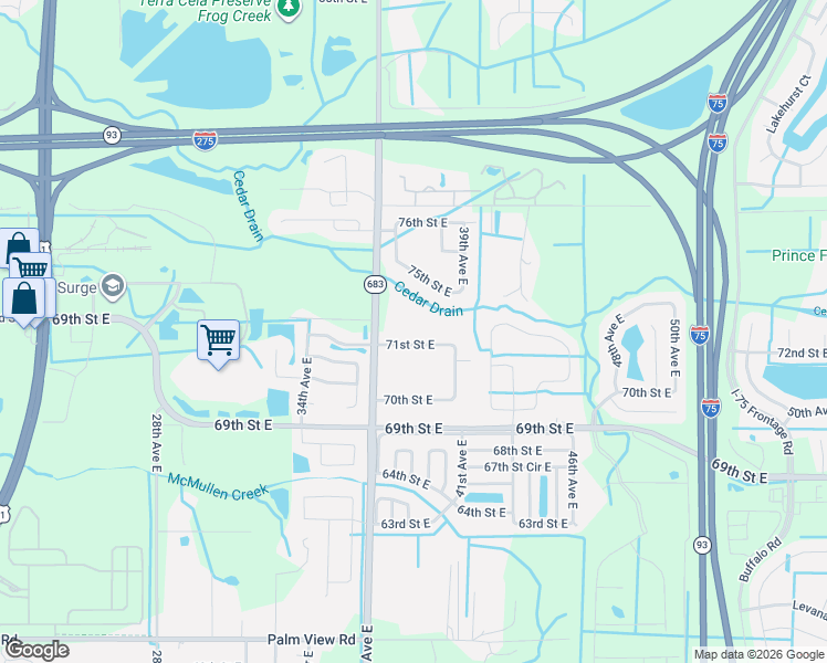 map of restaurants, bars, coffee shops, grocery stores, and more near 3804 71st Street East in Palmetto