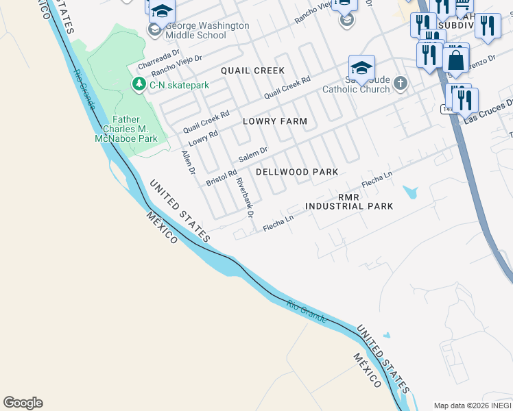 map of restaurants, bars, coffee shops, grocery stores, and more near 128 Abbeville Drive in Laredo