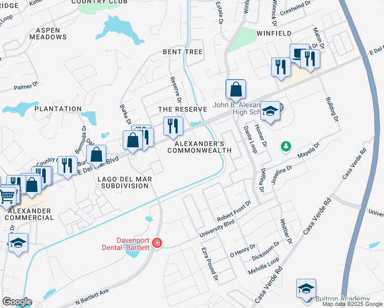 map of restaurants, bars, coffee shops, grocery stores, and more near 2919 Camelot Drive in Laredo