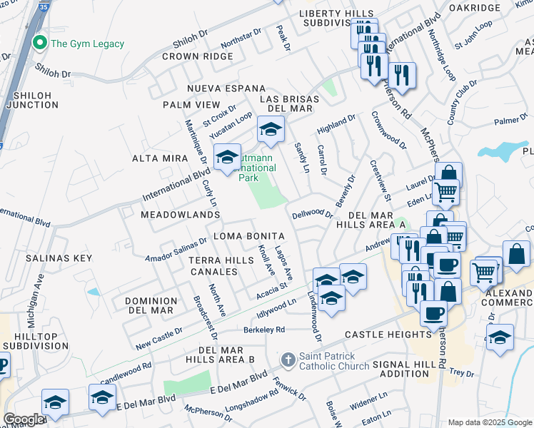 map of restaurants, bars, coffee shops, grocery stores, and more near 602 Basswood Drive in Laredo