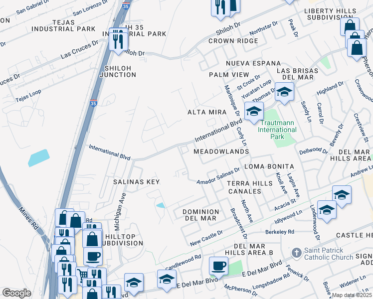 map of restaurants, bars, coffee shops, grocery stores, and more near 401 International Boulevard in Laredo