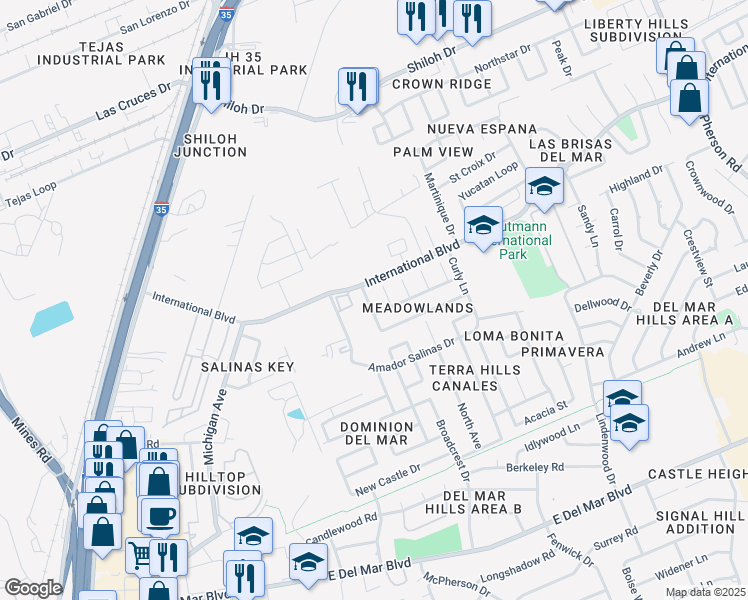 map of restaurants, bars, coffee shops, grocery stores, and more near 8505 Forest Loop in Laredo