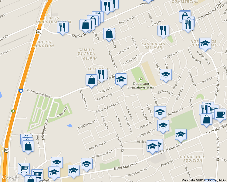 map of restaurants, bars, coffee shops, grocery stores, and more near 630 Forest Loop in Laredo