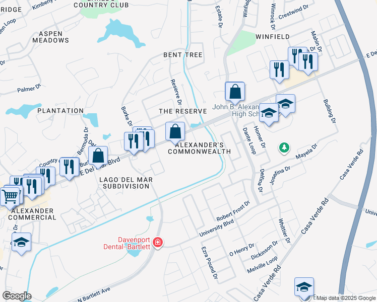 map of restaurants, bars, coffee shops, grocery stores, and more near 2919 Camelot Drive in Laredo