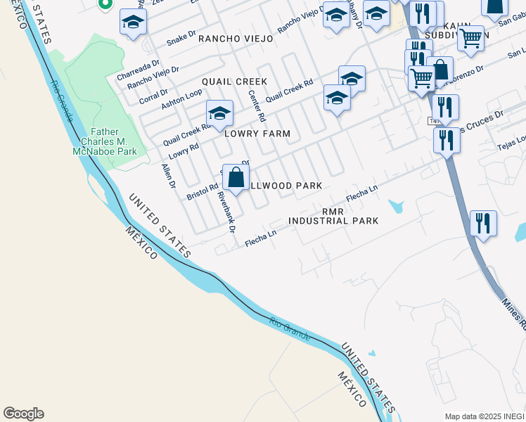 map of restaurants, bars, coffee shops, grocery stores, and more near 404 Orleans Loop in Laredo
