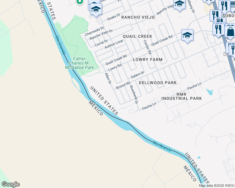 map of restaurants, bars, coffee shops, grocery stores, and more near 210b Allen Drive in Laredo