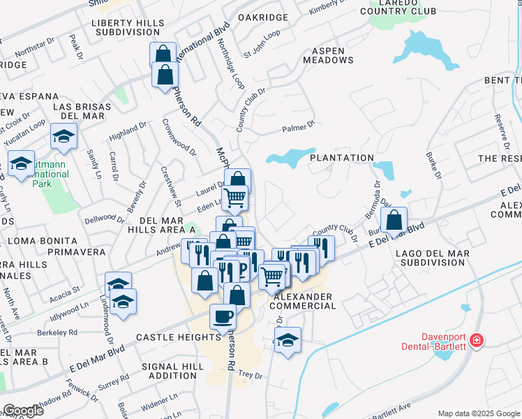 map of restaurants, bars, coffee shops, grocery stores, and more near 1402 Wingfoot Loop in Laredo