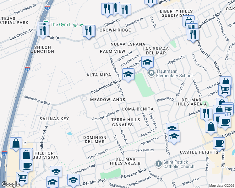 map of restaurants, bars, coffee shops, grocery stores, and more near 630 Forest Loop in Laredo