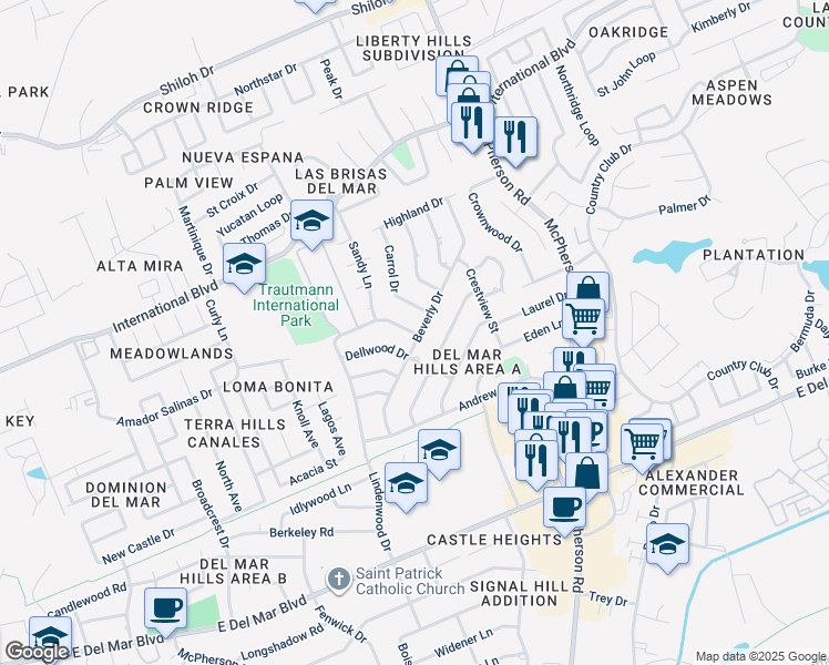 map of restaurants, bars, coffee shops, grocery stores, and more near 810 Lindenwood Drive in Laredo