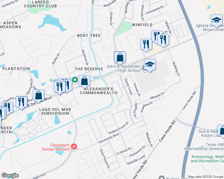 map of restaurants, bars, coffee shops, grocery stores, and more near 3011 Edgar Allen Poe Loop in Laredo