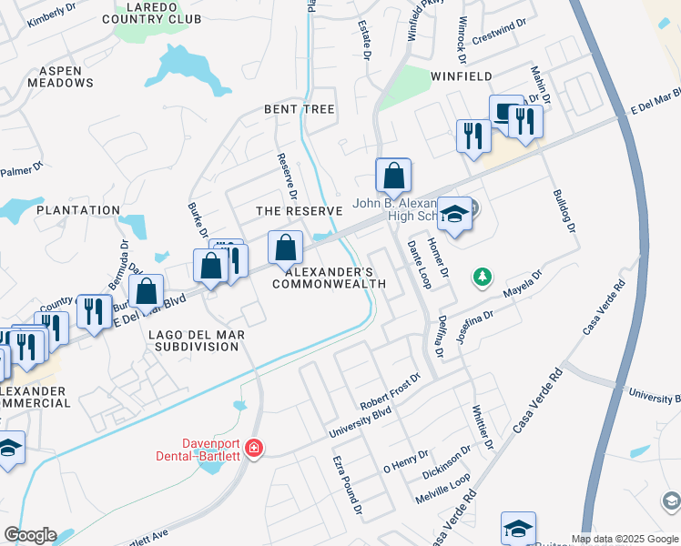 map of restaurants, bars, coffee shops, grocery stores, and more near 7613 King Arthurs Court in Laredo