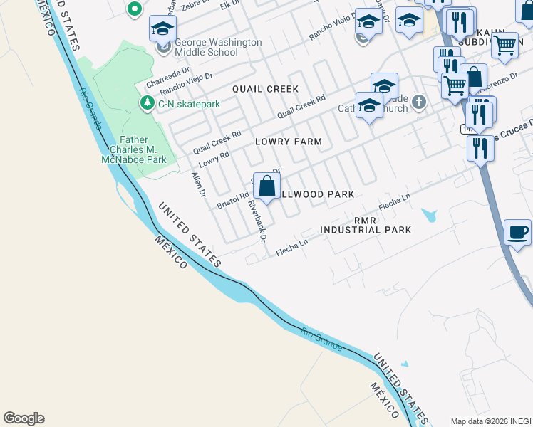 map of restaurants, bars, coffee shops, grocery stores, and more near 128 Abbeville Drive in Laredo