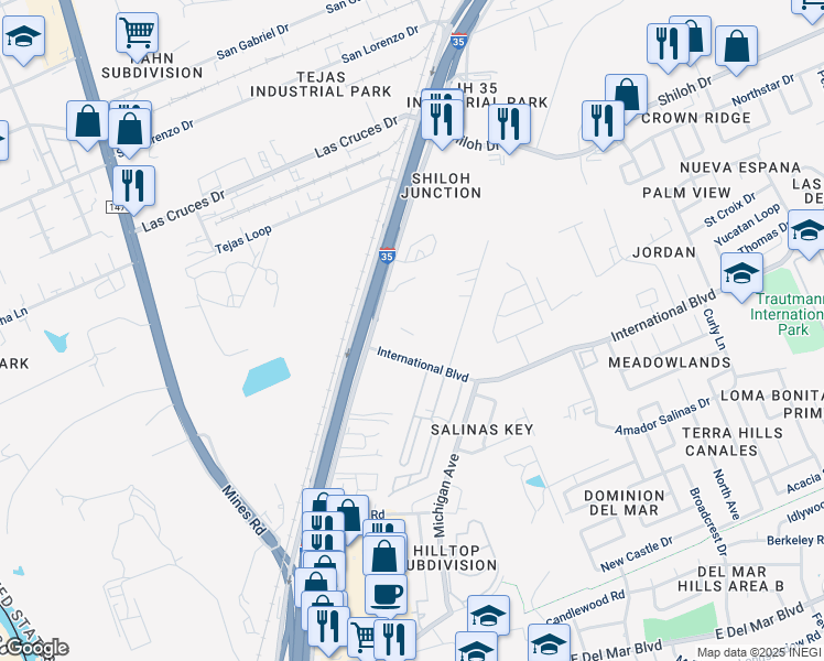 map of restaurants, bars, coffee shops, grocery stores, and more near 110 International Boulevard in Laredo