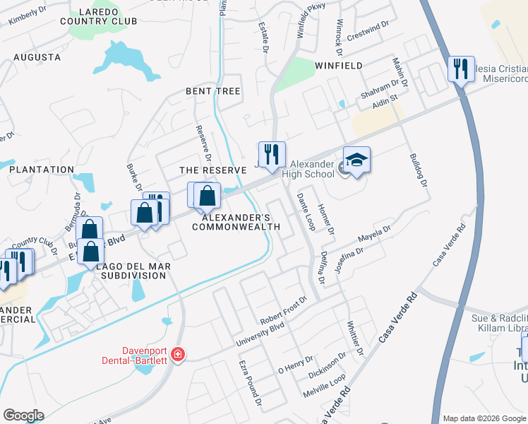 map of restaurants, bars, coffee shops, grocery stores, and more near 3026 Edgar Allen Poe Drive in Laredo