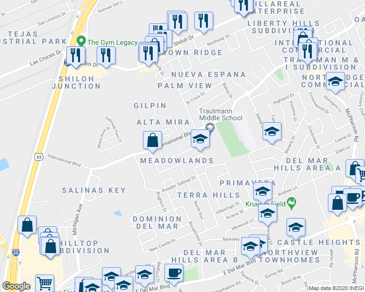 map of restaurants, bars, coffee shops, grocery stores, and more near 8505 Ficus Circle in Laredo