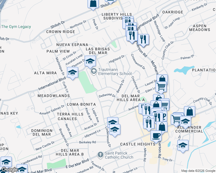 map of restaurants, bars, coffee shops, grocery stores, and more near 805 Carrol Drive in Laredo