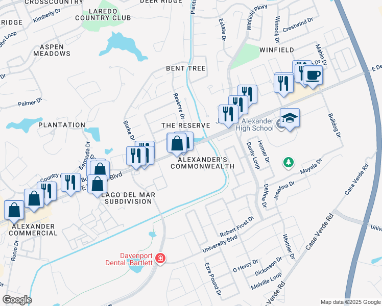 map of restaurants, bars, coffee shops, grocery stores, and more near 7720 King Arthurs Court in Laredo