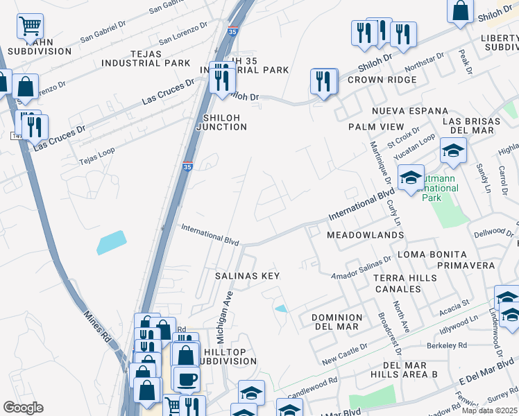 map of restaurants, bars, coffee shops, grocery stores, and more near 8617 Rockpile Creek Lane in Laredo