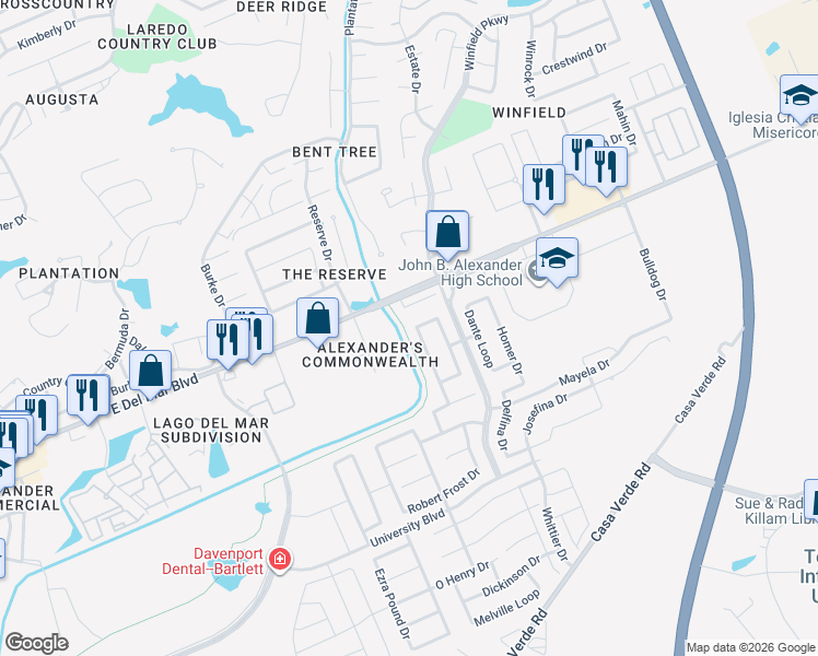map of restaurants, bars, coffee shops, grocery stores, and more near 3026 Edgar Allen Poe Drive in Laredo