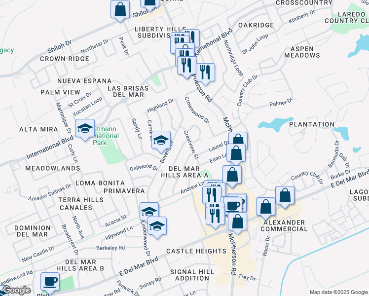 map of restaurants, bars, coffee shops, grocery stores, and more near 907 Sesame Lane in Laredo