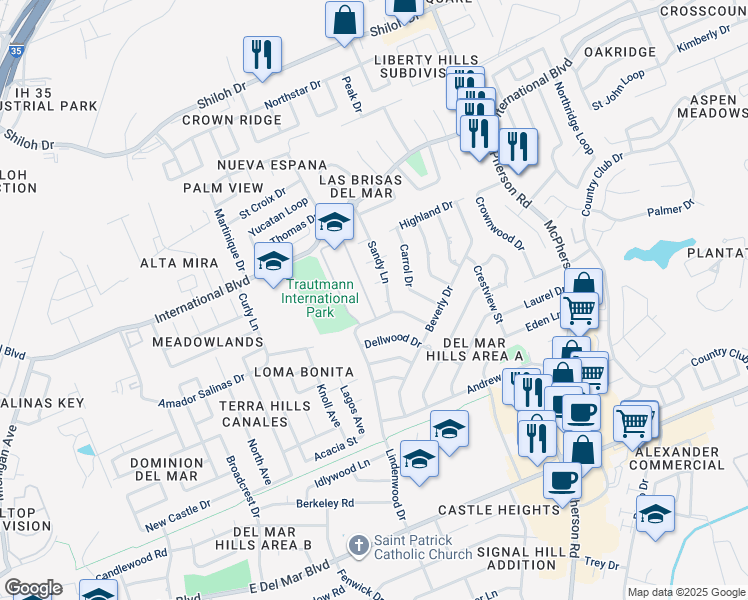 map of restaurants, bars, coffee shops, grocery stores, and more near 806 Sandy Cove in Laredo