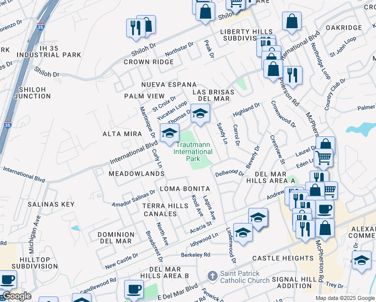 map of restaurants, bars, coffee shops, grocery stores, and more near 8501 Curly Lane in Laredo