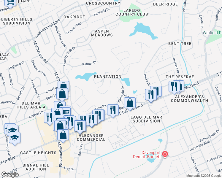map of restaurants, bars, coffee shops, grocery stores, and more near 901 Norman Drive in Laredo