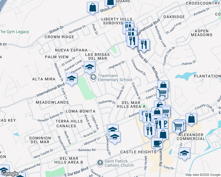 map of restaurants, bars, coffee shops, grocery stores, and more near 805 Carrol Drive in Laredo