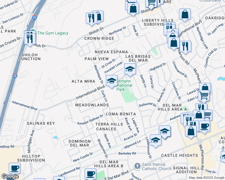 map of restaurants, bars, coffee shops, grocery stores, and more near 8501 Curly Lane in Laredo