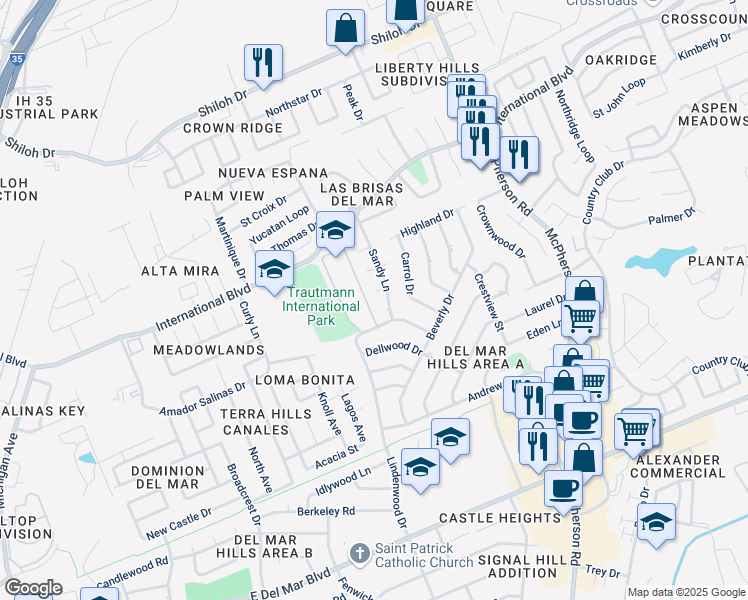 map of restaurants, bars, coffee shops, grocery stores, and more near 806 Sandy Cove in Laredo