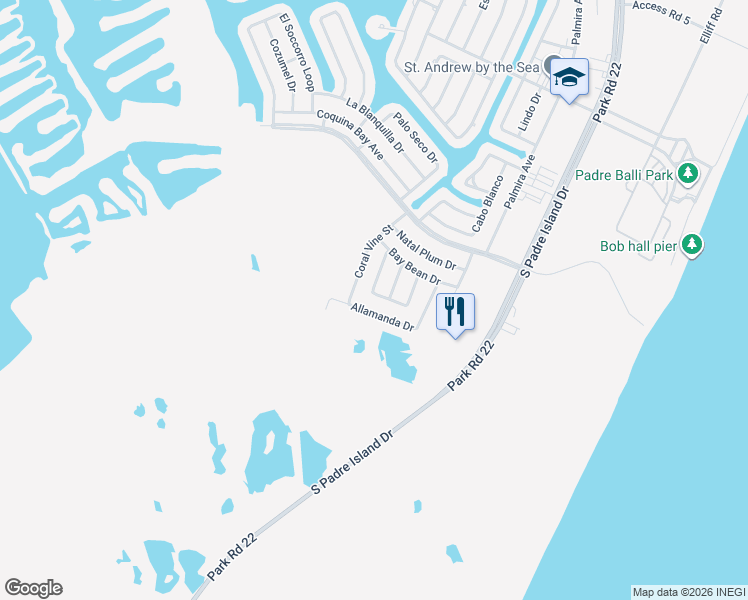 map of restaurants, bars, coffee shops, grocery stores, and more near 14222 Allamanda Drive in Corpus Christi