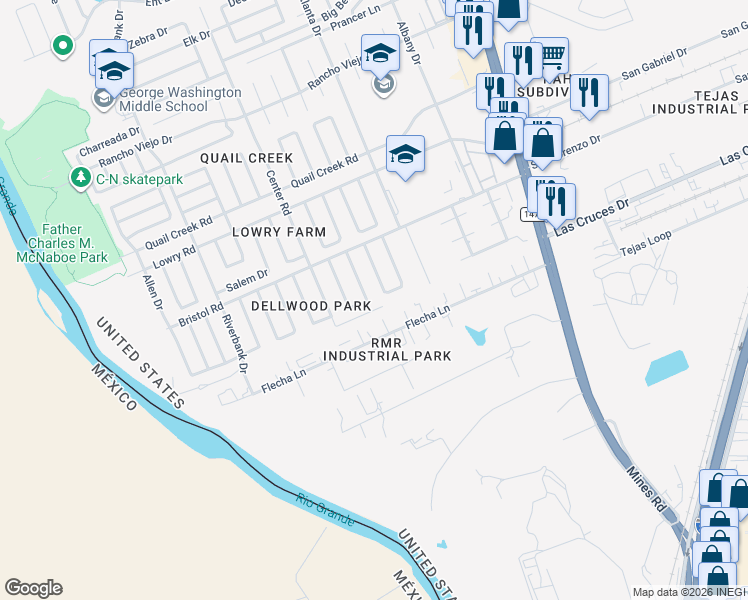 map of restaurants, bars, coffee shops, grocery stores, and more near 123 Flecha Lane in Laredo