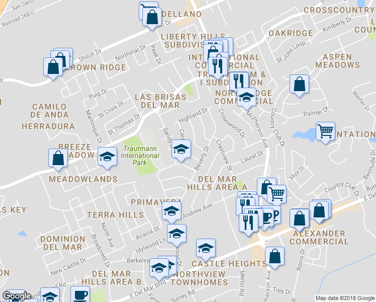 map of restaurants, bars, coffee shops, grocery stores, and more near 804 Carrol Drive in Laredo