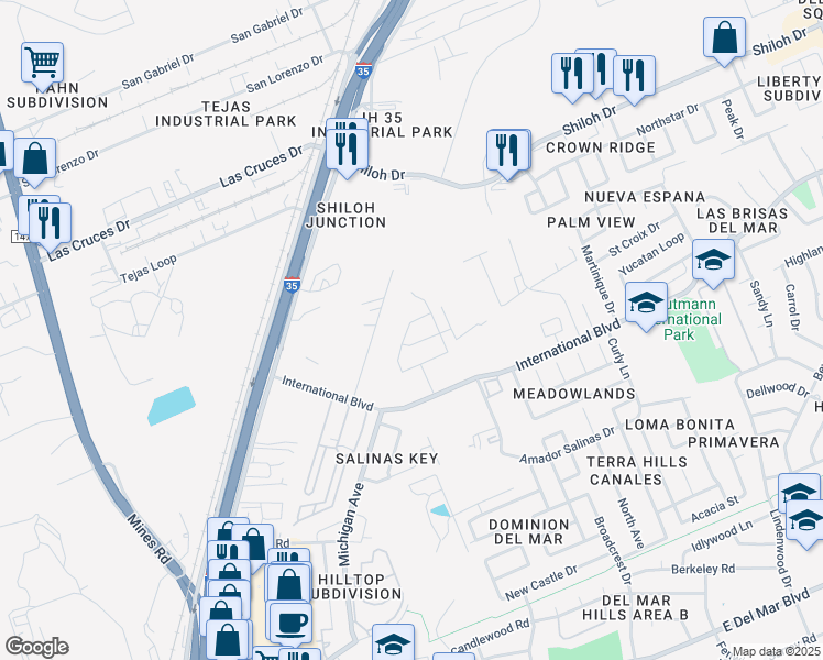 map of restaurants, bars, coffee shops, grocery stores, and more near 8617 Rockpile Creek Lane in Laredo